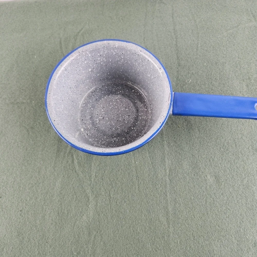 Vintage Enamelware Small Sauce Pan Pot Gray White Speckled Blue Trim Camping